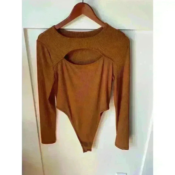 Shein Brown Ribbed Cut Out High Rise Bodysuit, L - Picture 2 of 6